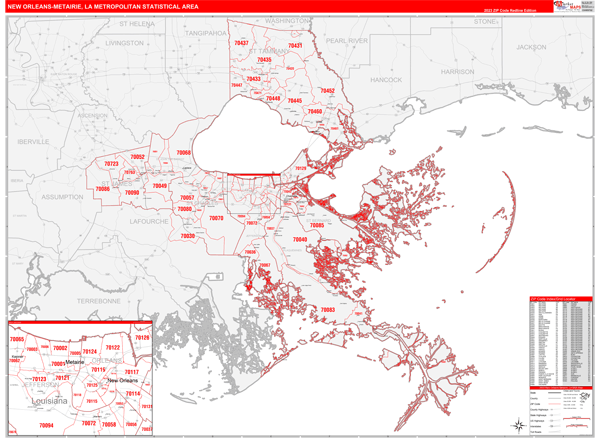 New Orleans-Metairie Metro Area Digital Map Red Line Style